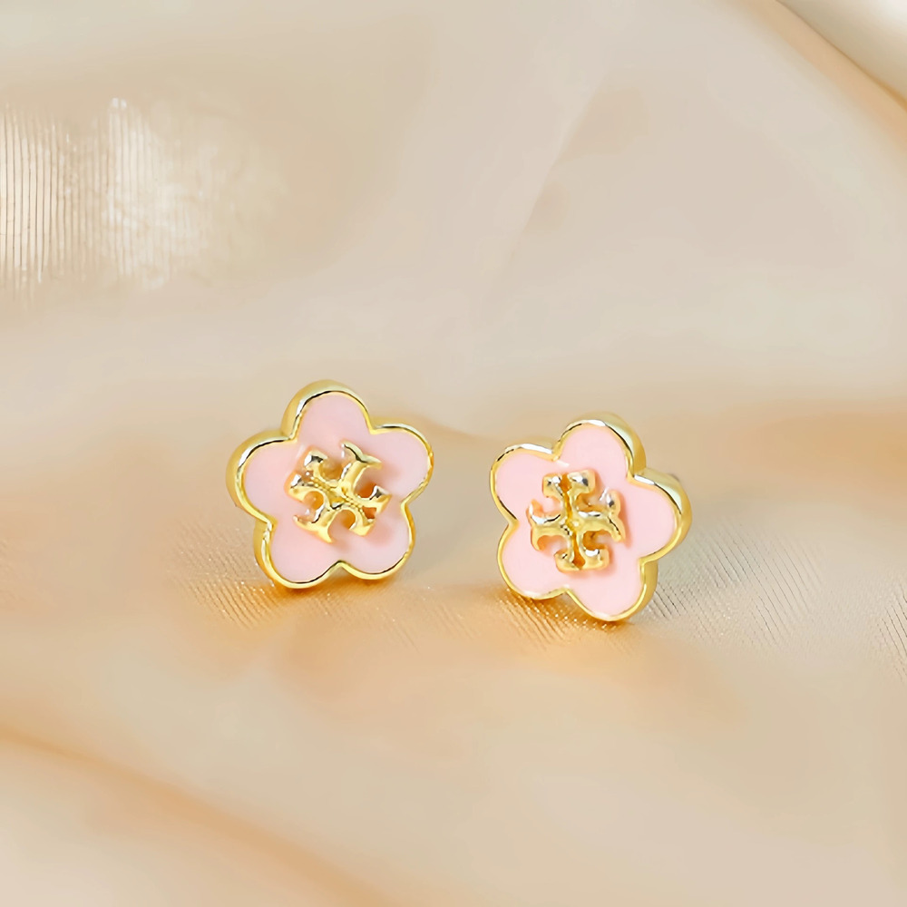 Tory Burch Gold Plated Copper Enamel Drop Flower Stud Earrings
